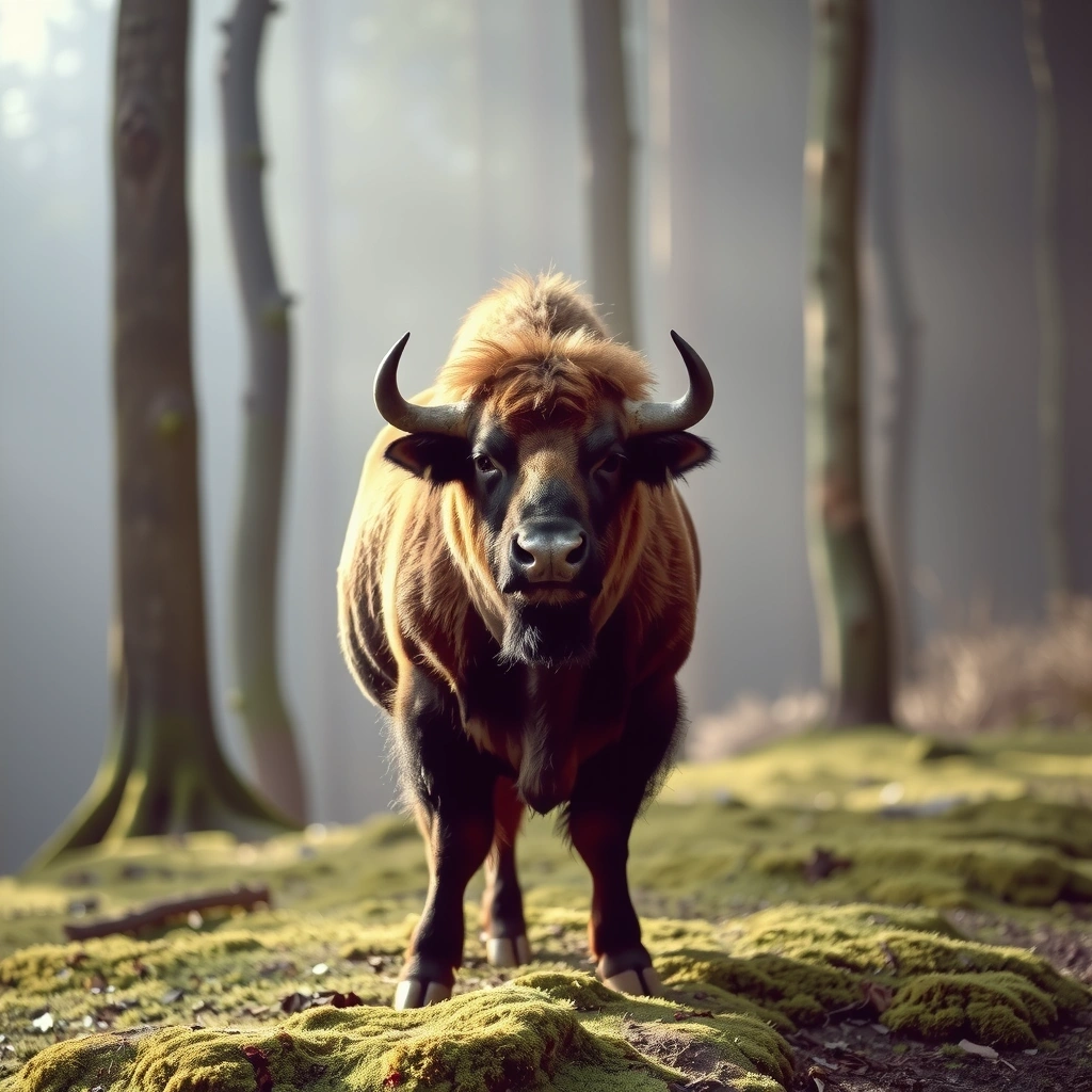 Evropský bizon v ranní mlze